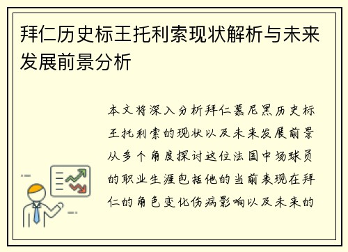 拜仁历史标王托利索现状解析与未来发展前景分析